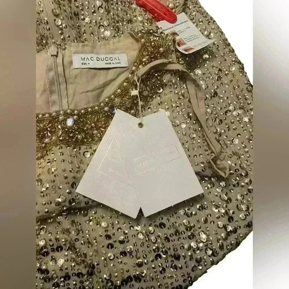 Mac Duggal 10739 Gold Sequin Midi Dress Jewel Neck NWT - Picture 6 of 8